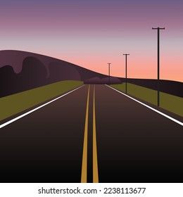 autopista al atardecer, ilustración de carretera, ilustración de carretera, vector de carretera, paisaje plano vectorial de carretera