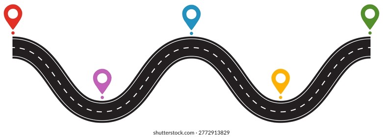 Highway template with curved asphalt path. Winding road infographic with location pointers. Vector illustration isolated on white.