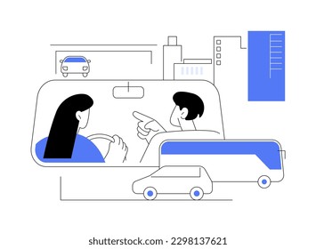 Highway test abstract concept vector illustration. Woman taking a G road test with instructor, drive a personal transport, driving school exams, automobile industry abstract metaphor.