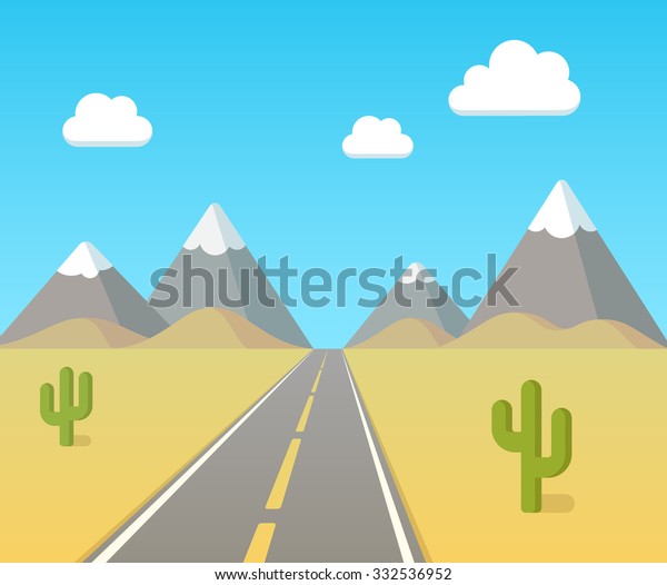 Highway through desert with
blue sky, clouds and mountains on horizon. Flat vector cartoon
illustration.