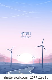 Highway through a field of wind turbines. Mountain landscape on the background of sunset. Green energy of wind generators. Vector illustration.