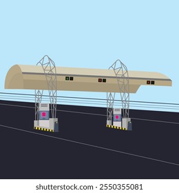 Highway Toll Gate.City Transport Road and blue sky flat cartoon illustration vector