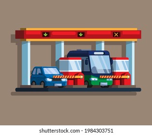 Highway toll or parking gate with car and bus illustration flat illustration vector