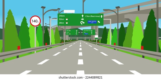 Highway toll road vector. Tollroad illustration flat. The path is between the trees.