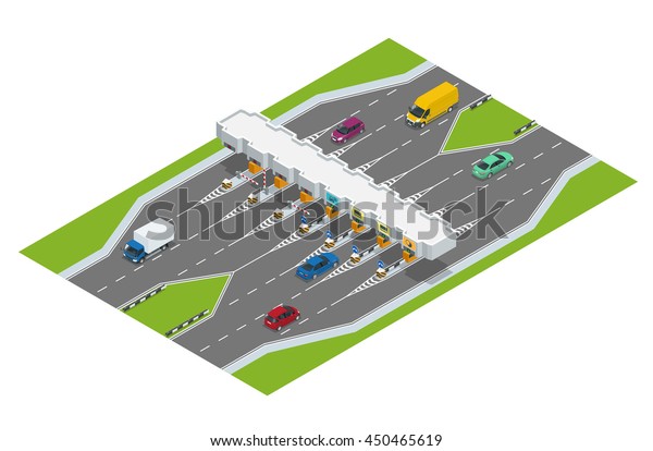 Highway toll. Turnpike tollson. Road payment\
checkpoint with toll barriers on the highway, cars and trucks. Flat\
3d vector isometric\
illustration