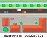 Highway top view with car, building, and small river
