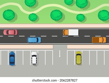 Highway top view with car, parking area, and park