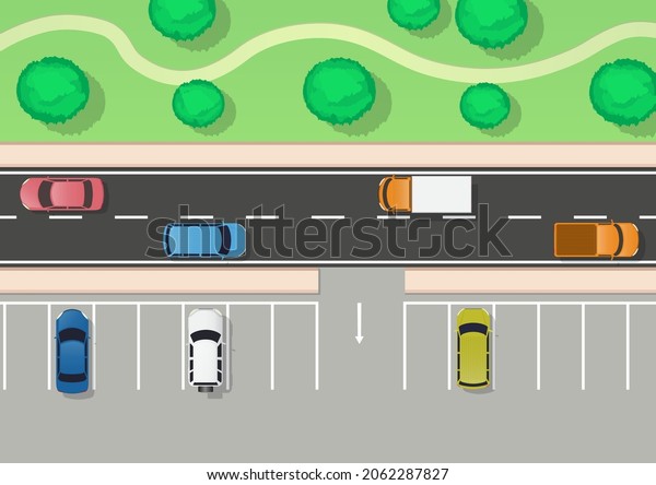 Highway top\
view with car, parking area, and\
park