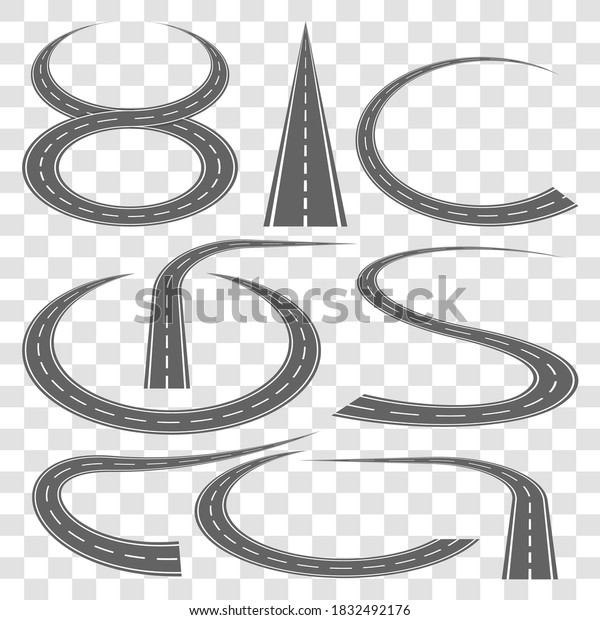 Highway track. Vector roads in perspective\
illustration. Bended asphalt pathway road curved city street.\
Curved, straight, turn, rounded roadway isolated object set on\
transparent background