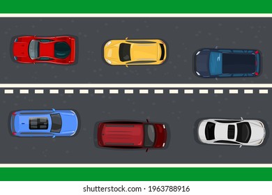 Concepto de tráfico de carreteras con coches de alta vista en la carretera asfaltada. Vehículos en la autopista.Varios autos en la carretera urbana.Corriente de tráfico pesado.Autopista de alta velocidad con automóviles.Ilustración vectorial de stock