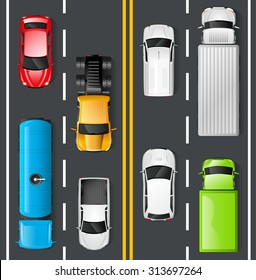 Highway traffic concept with top view cars and trucks on asphalt road vector illustration