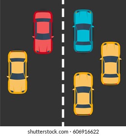 Highway traffic concept with top view cars on asphalt road. Vector flat illustration.