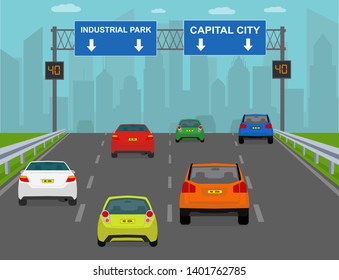 Highway Traffic Condition In Capital City Flat Vector Illustration.