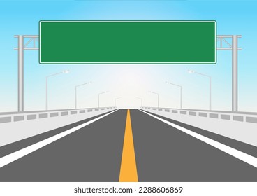Highway with Traffic Sign. Motorway with road sign. Street traffic Sign. Vector Illustration Isolated on White Background.