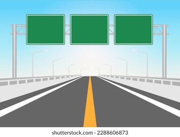 Highway with Traffic Sign. Motorway with road sign. Street traffic Sign. Vector Illustration Isolated on White Background.