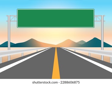 Highway with Traffic Sign. Motorway with road sign. Street traffic Sign. Vector Illustration Isolated on White Background.