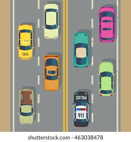 Highway traffic with top view cars and trucks street vector