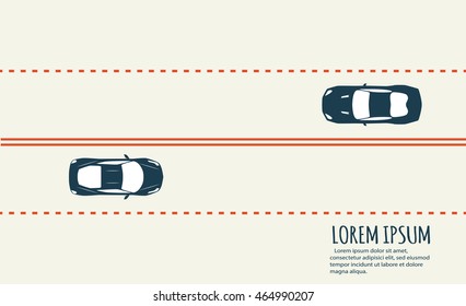 Highway traffic with top view cars. View from above. Overhead view of transport. Aerial view over the road and highway. Minimalistic banner.