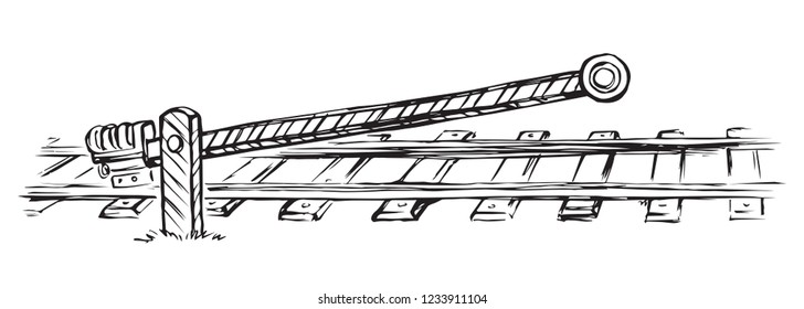 Highway travel entry crossroad hurdle barricade post object on light white paper. Black outline pen ink hand drawn parking check work regulation hazard logo pictogram in retro art doodle cartoon style