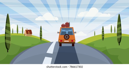Highway travel summer, road, car, cute landscape, cartoon style, vector, illustration, isolated