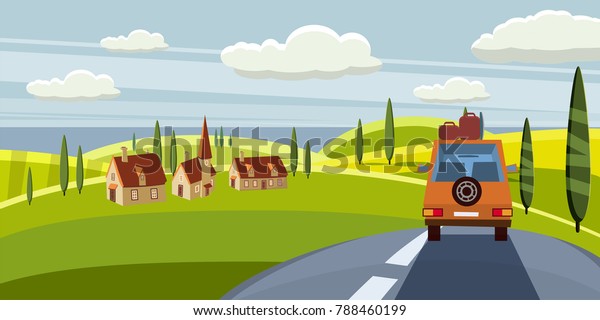 Highway travel summer, road, car,\
cute landscape, cartoon style, vector, illustration,\
isolated