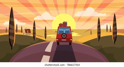 Highway travel summer, sunset, sea, road, car, cute landscape, cartoon style, vector, illustration, isolated