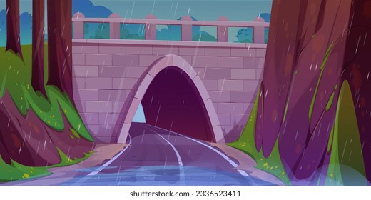 Highway tunnel under bridge in rainy weather. Vector cartoon illustration of wet road running through stone bridgework arch between mountains, forest trees, green grass on hills. Game background
