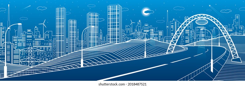 Highway under the bridge. Modern night town, neon city. Infrastructure outlines illustration, urban scene. White lines on blue background. Vector design art 