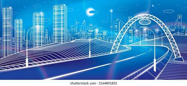 Highway under the bridge. Modern night town, neon city. Infrastructure illustration, urban scene. White lines on blue background. Vector design art 
