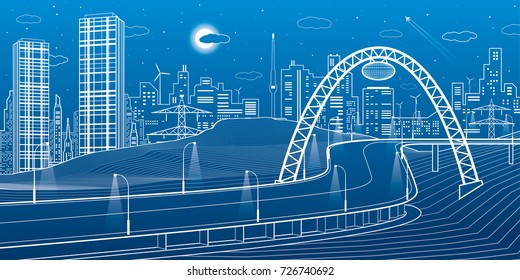 Highway under the bridge. Modern night town, neon city. Infrastructure illustration, urban scene. White lines on blue background. Vector design art 