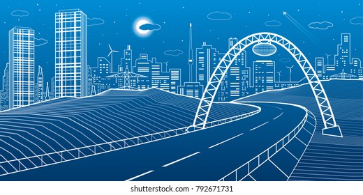 Highway under the bridge. Modern night town, neon city. Infrastructure illustration, urban scene. White lines on blue background. Vector design art 