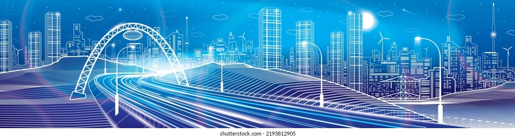 Highway under the bridge. Modern town, neon glow city. Night lights traffic. Infrastructure illustration, urban scene. White lines on blue background. Vector design art 