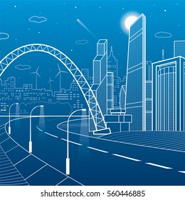 Highway under the bridge. Night city on background, neon town, business buildings, towers and houses on skyline, infrastructure illustration, airplane fly, urban scene, vector design art