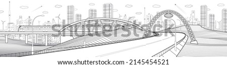 Highway under the bridge. Train rides. Modern city. Infrastructure illustration, urban scene. Black outlines on white background. Vector design art 