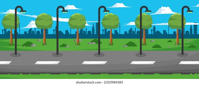 highway vector background, highway straight through the countryside. Green hills, urban, blue sky, for animation, roadside park background illustration, landscape vector