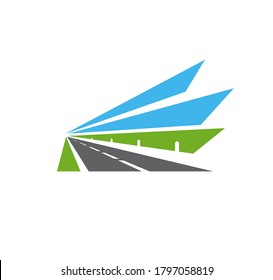 Highway Vector Icon, Road, Isolated Pathway With Safety Barrier, Green Field And Blue Sky. Speedway Bordered With Fencing Receding Into The Distance Towards Vanishing Point. Driveway For Transport