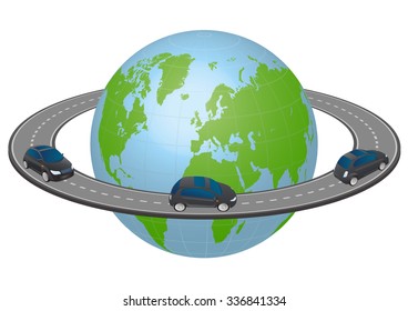 highway and vehicles run around the earth, vector illustration