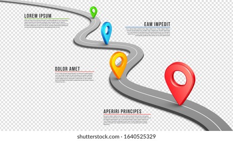 Highway. Winding empty road, GPS pins and infographic elements. Black perspective asphalt way. Vector isolated on transparent pathway illustration