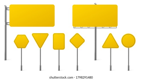 Highway yellow road signs, blank signage boards on steel poles pointing city traffic direction, empty round, rectangular, hexagon panels isolated on white background, Realistic 3d vector illustration