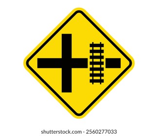 Highway-Rail Crossing on Side Road to Right Warning Sign Vector Indicating Railroad Tracks on Adjacent Roadway, Perfect for Road Safety and Traffic Management, High-Quality Vector Stock Image