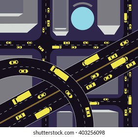 Highways with lots of cars and tracks. Map of traffic congestion and urban transport. Top view of the city with houses and highways.Easy to edit vector illustration of aerial view of traffic.