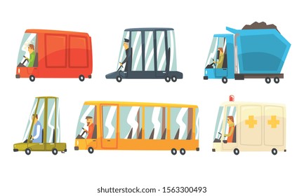 Highways Road With People Characters In Various Vehicles Vector Illustration Set Isolated On White Background