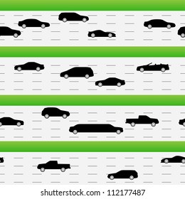 Highways traffic seamless texture with silhouettes of different cars