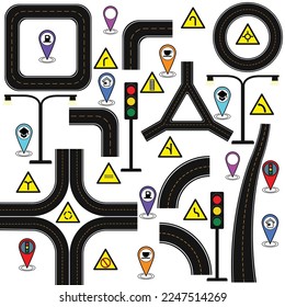 Highways and winding roads set. Seamless straight asphalt road template. Abstract background, template milestone element, modern illustration. Winding Road. Location pin pointer. With traffic lights.