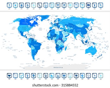 Higly detailed World Map in shades of blue with a square 3D pin icons.