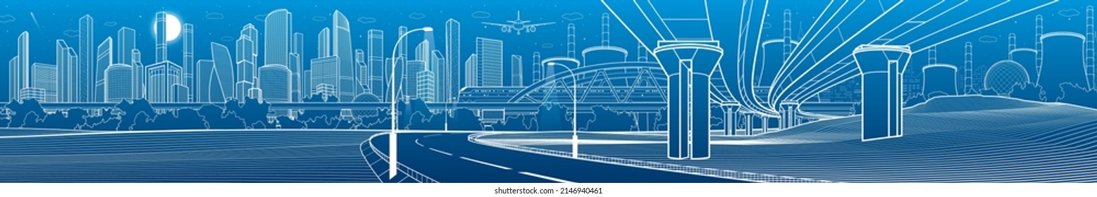 Higway overpass. Train rides on bridge. Illumination city road. Cityscape infrastructure industrial illustration panorama. Modern town. Urban life. White outlines on blue background. Vector design