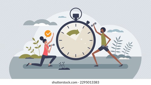 HIIT or high intensity interval training for strength tiny person concept. Exercise and workout for healthy muscles and athletic body vector illustration. Cardio activity and fitness sport performance