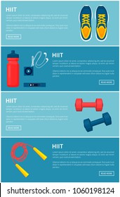 Hiit sport equipment set, colorful vector banner, illustration with sneakers jumping rope and dumbbells, bottle and mp3 player, device for pulse check