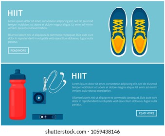 Hiit sportswear, sport shoes and helpful gadgets, blue sneakers and red sport bottle, portable music player and pulse sensor, vector illustration