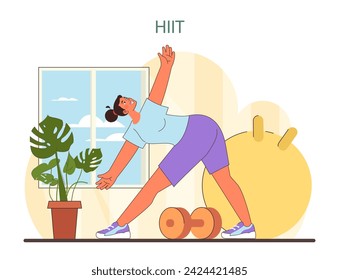 HIIT Workout illustration. A vibrant depiction of a home-based high-intensity workout, showcasing a woman in mid-stretch with fitness equipment. Encourages a lively and healthy lifestyle. vector